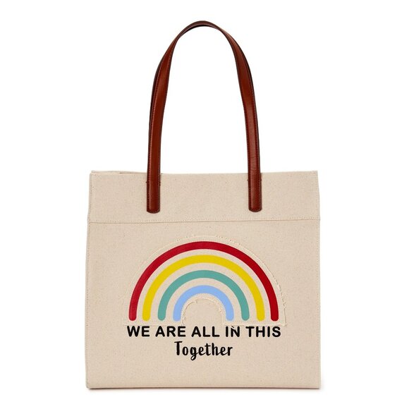NWD Time Tru We Are All In This Together Canvas Beige Tote Bag Rainbow Positive - Picture 1 of 10